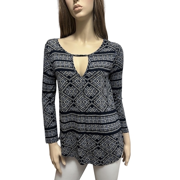 LUCKY BRAND Geometric Boho Blouse Top Shirt Plunge V-Neck Cutout Keyhole Rayon - Picture 4 of 16